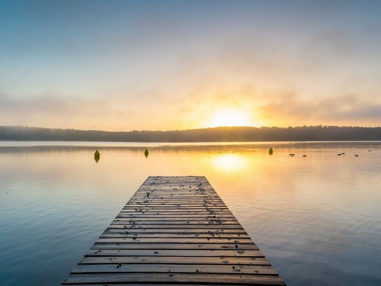 naturbild-seestimmung mit steg-sonnenspiegelung auf dem wasser